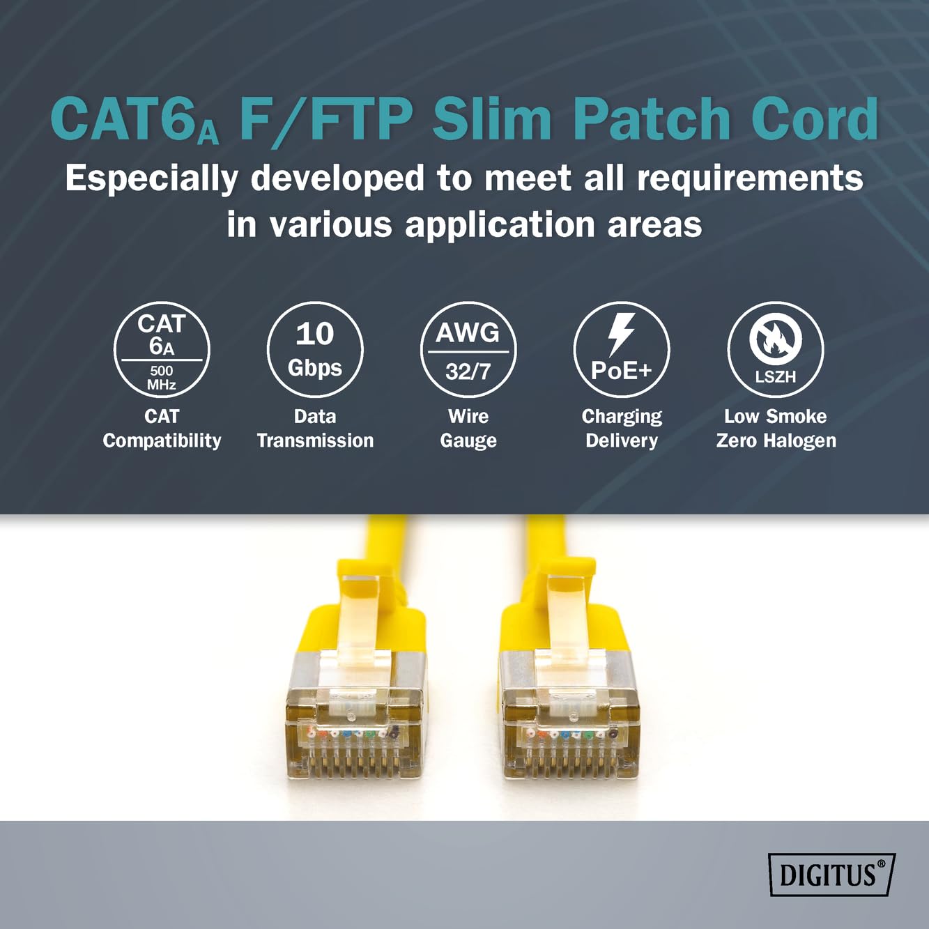 DIGITUS Câble LAN Cat 6A – 5 m – 10 pièces – Slim – F/FTP – Jaune | 10 Gbit/s – Blindé – PoE+ – AWG 32/7 – LSZH – Câble réseau RJ45 – Compatible Cat 6 et Cat 7