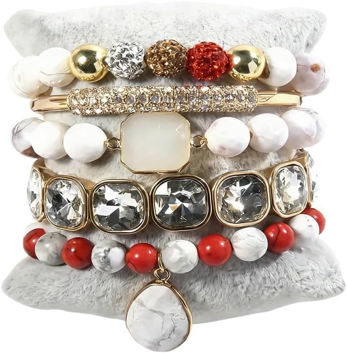 5Pcs Boho Stackable Beaded Bracelets with Crystal Agate Pendant, Stretch Elastic Charm Bracelets for Women Jewelry Gifts