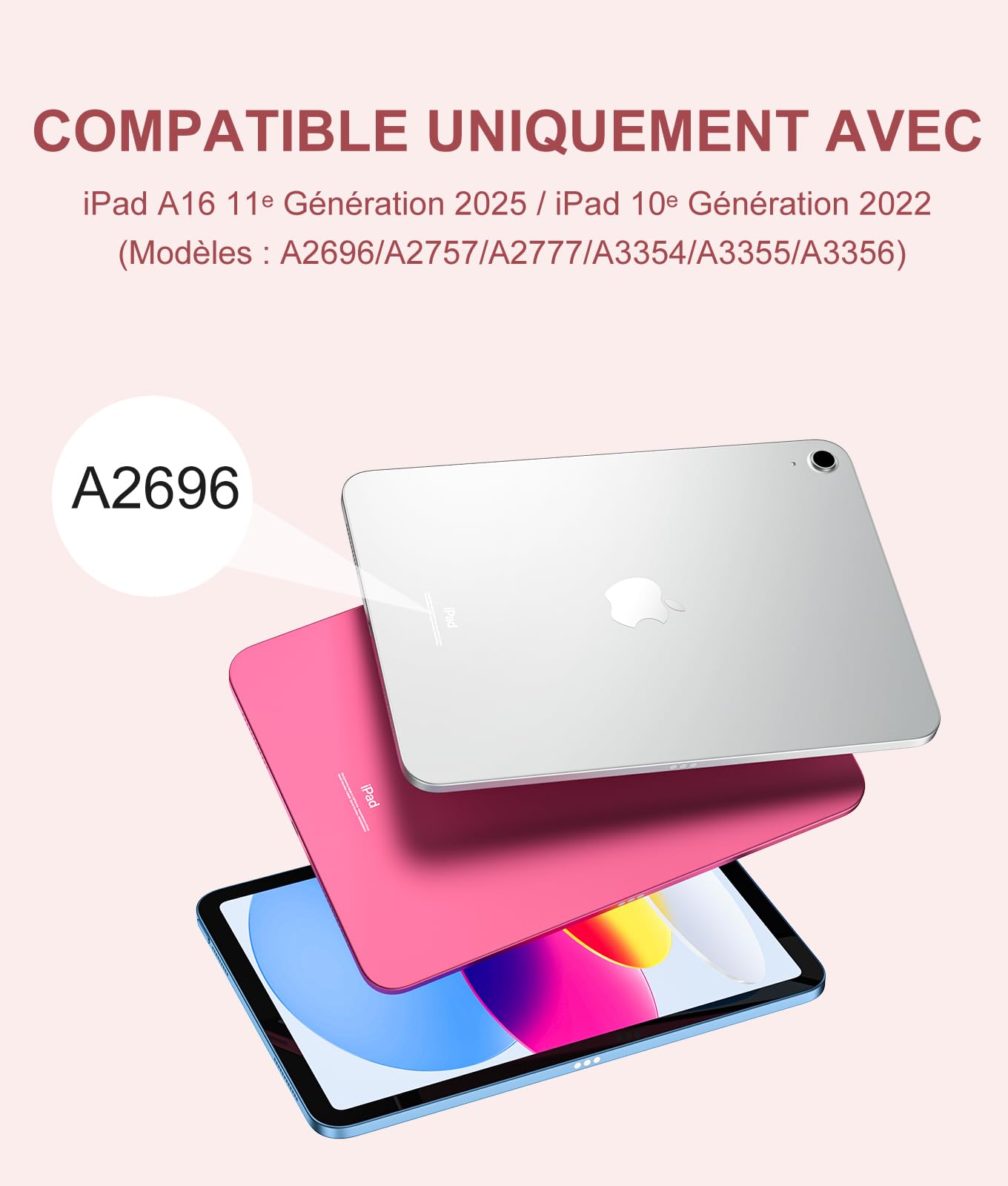 Vobafe Coque Clavier pour iPad A16 11/10 Ème Génération (11 Pouces 2025/10.9 Pouces 2022), Étui Keyboard avec Rétroéclairage 7 Couleurs et Pavé Tactile, Clavier AZERTY Rechargeable, Rose Clair