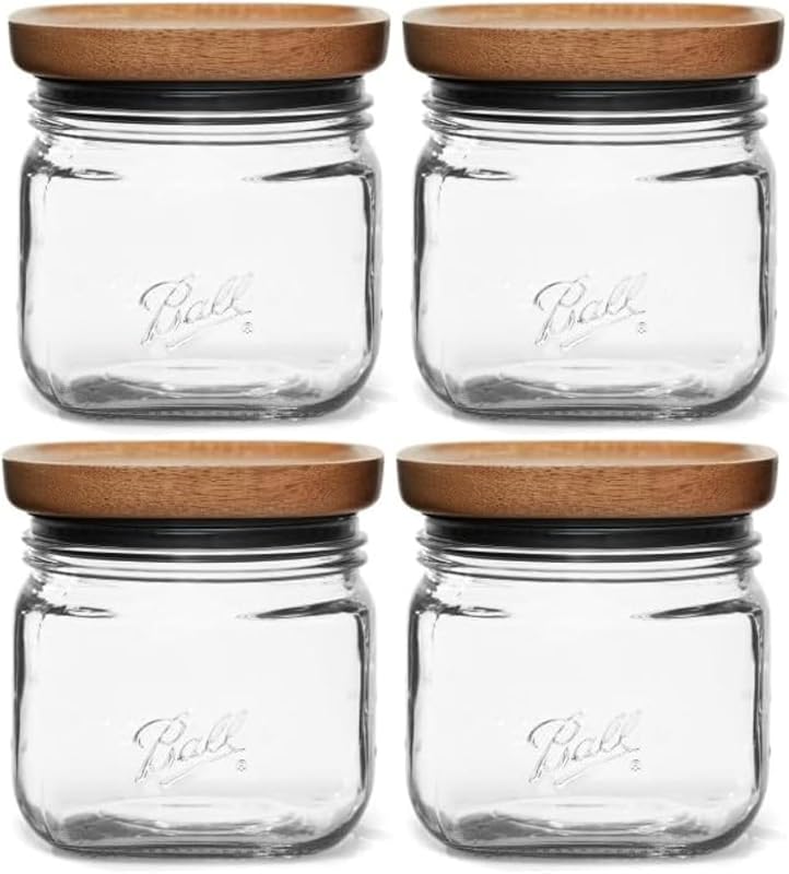 Ball Stack & Store Glass Mason Jars with Wooden Lid, Used for Pantry, Cookies, Flour, Cereal, Rice, Sugar, Tea, Coffee Beans, Spices, Square, 4-Cup (Pack of 4)