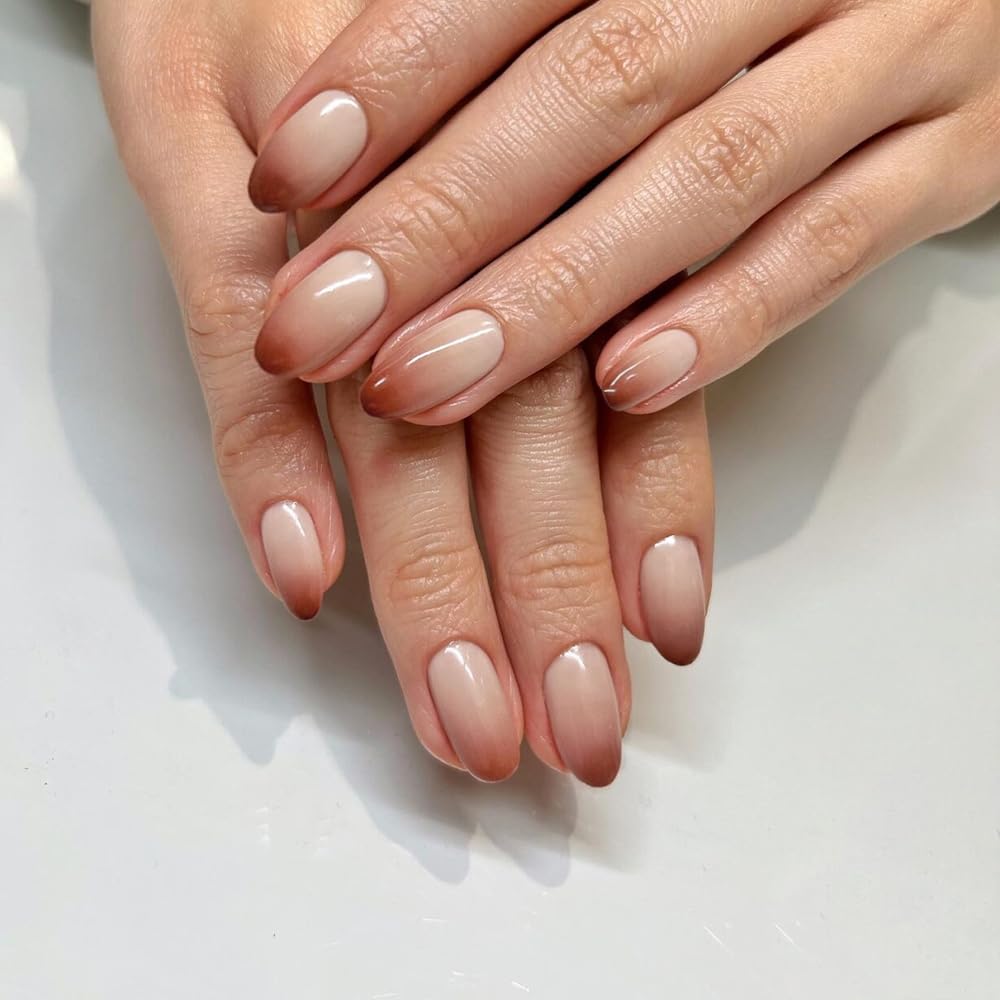 SXVME Ombre Tan Brown Press on Nails Short Oval, French False Nails Short Almond, Gradient French Fake Nails Press ons