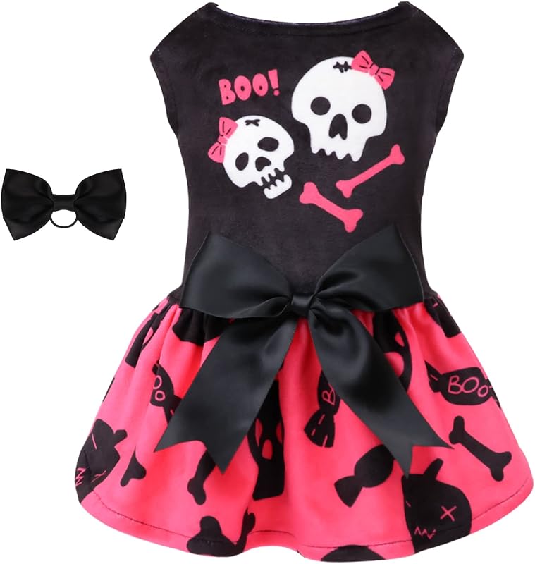 Vestido de veludo para cães pequenos com estampa de caveiras Halloween CuteBone, Rosa, tamanho Pequeno