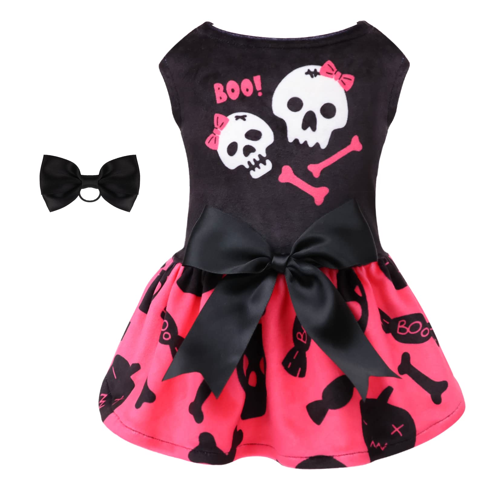 CuteBone Halloween Skulls Dog Dress Velvet for Small Dogs Girl Puppy Dresses Pink Dog Clothes