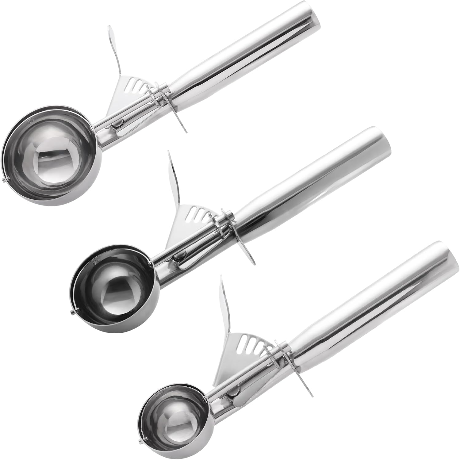 Ice Cream Scoop, Stainless Steel Gear Roller Ice Cream Scooper, Comfortable Handle, Easy Release, for Gelato, Sorbet, Almond 3Pcs Silver