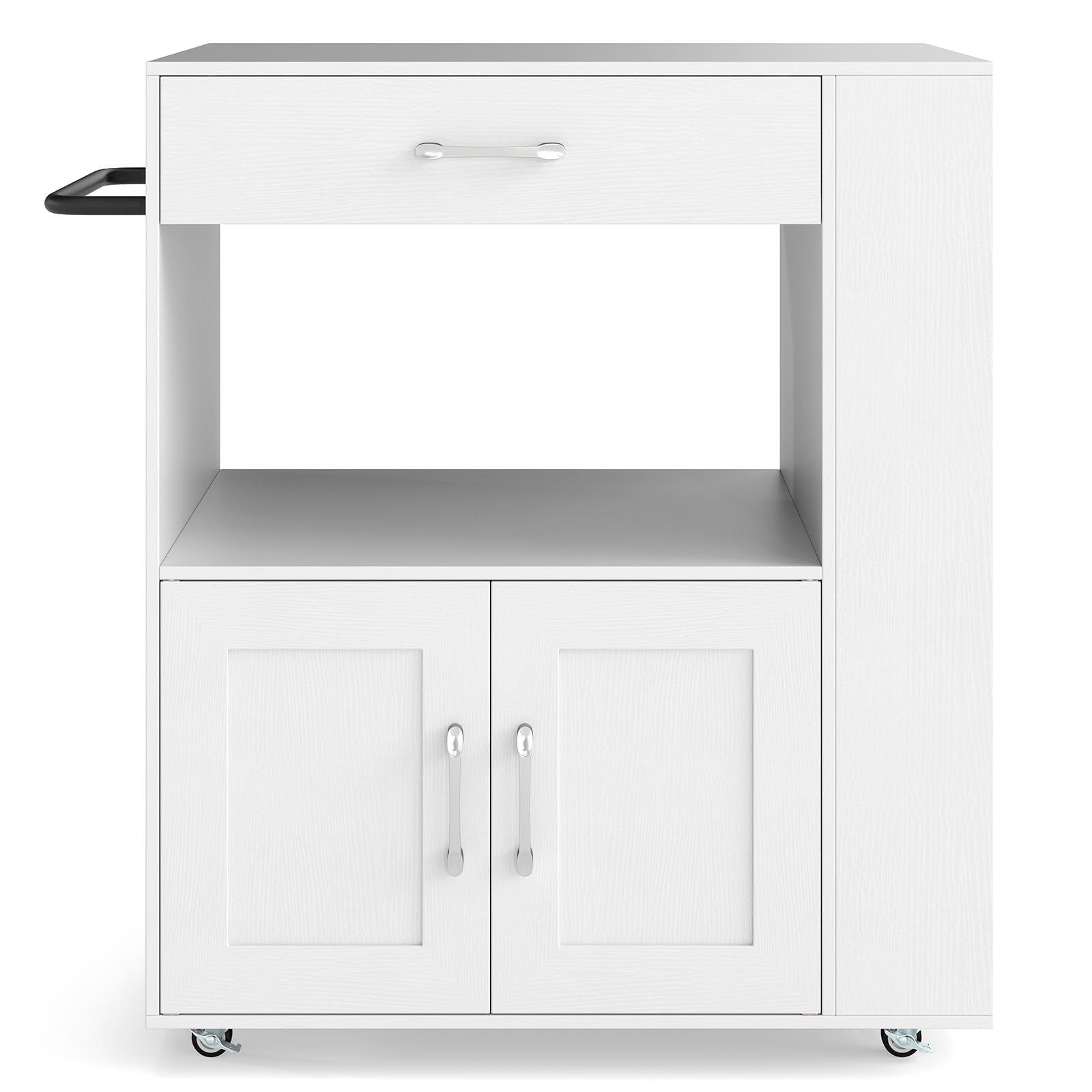 KOMFOTTEU Carro de Cocina con Ruedas, Carrito de Servicio con 3 Estantes Laterales, Armario de Puertas y Cajón, Isla de Almacenamiento con Toallero, 82 x 46 x 92 cm (Blanco)
