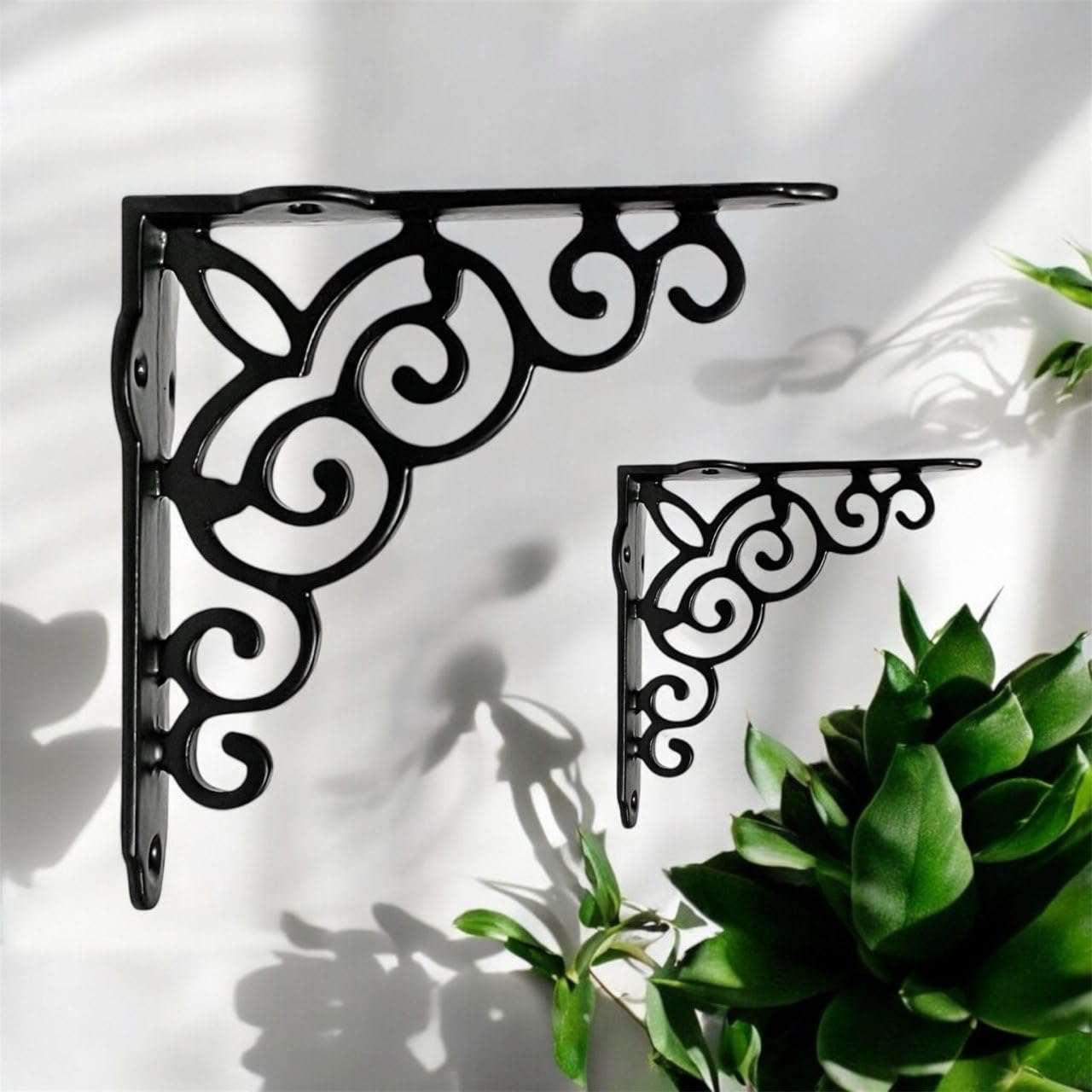 maison belle vintage old style shelf support rustproof iron wall shelf bracket - pack of 2 (6 inch - black)