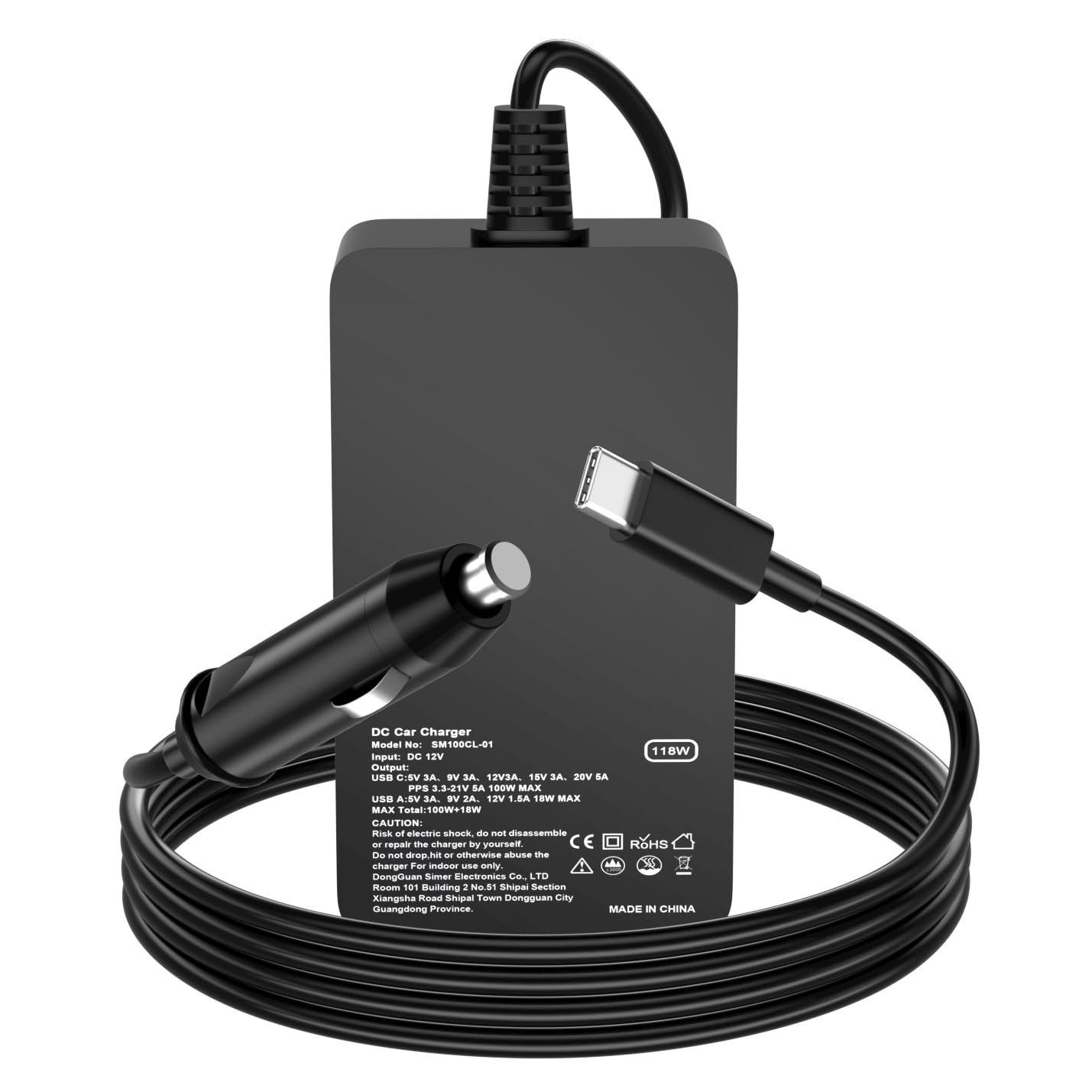 Caricatore Auto USB-C 118W Con Cavo Integrato Da 2,3m – PD3.0 Per MacBook, Dell, HP, Lenovo, E Porta USB-A 18W Per Smartphone