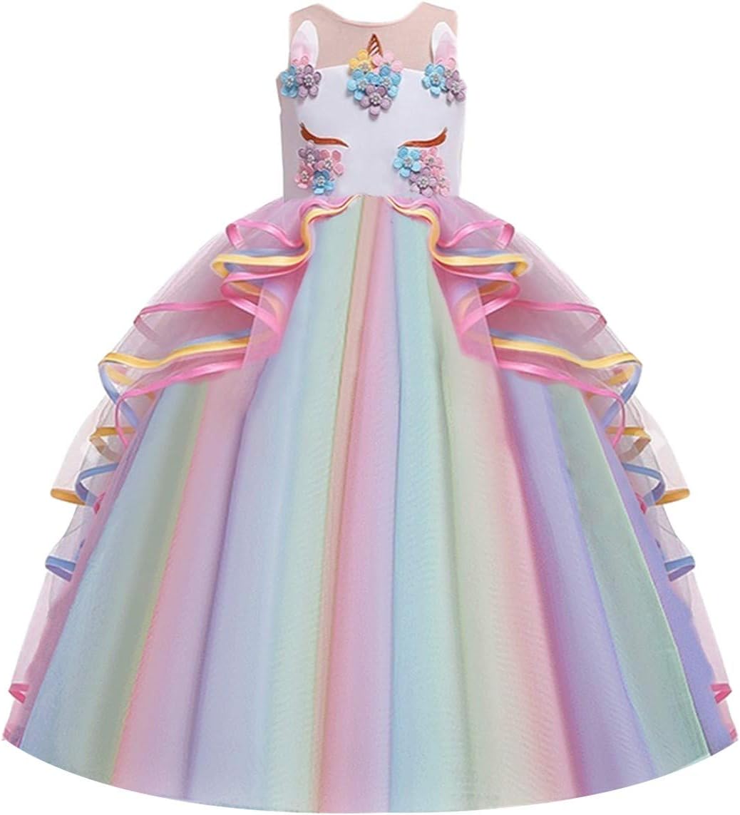 Girl's Unicorn Rainbow Long Tulle Dress Wedding Birthday Princess Carnival Party Performance Dance Pageant Ball Gowns