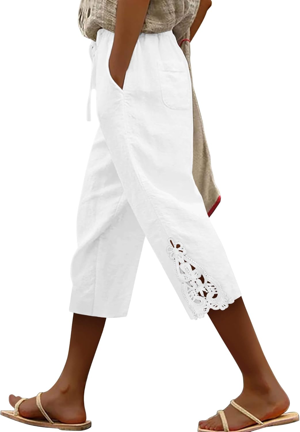 ONLYSHE Womens Capri Pants Casual Cotton Linen Trousers Lightweight Drawstring Elastic Waist Pants with Pockets,XS-3XL