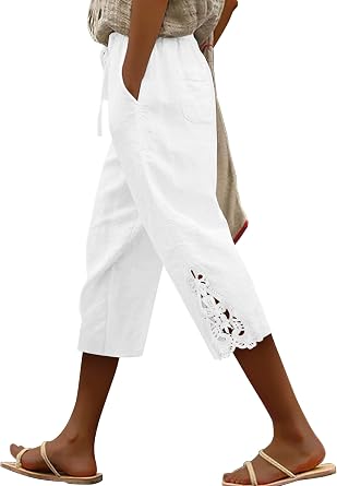 ONLYSHE Womens Capri Pants Casual Cotton Linen Trousers Lightweight Drawstring Elastic Waist Pants with Pockets,XS-3XL
