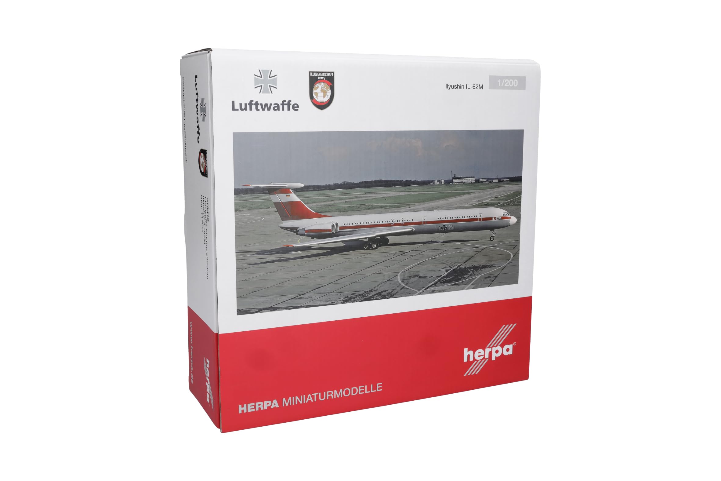 Herpa Modellflugzeug Luftwaffe Flugbereitschaft Ilyushin IL-62M, Miniatur im Maßstab 1:200, Sammlerstück, Modell ohne Standfuß, Metall