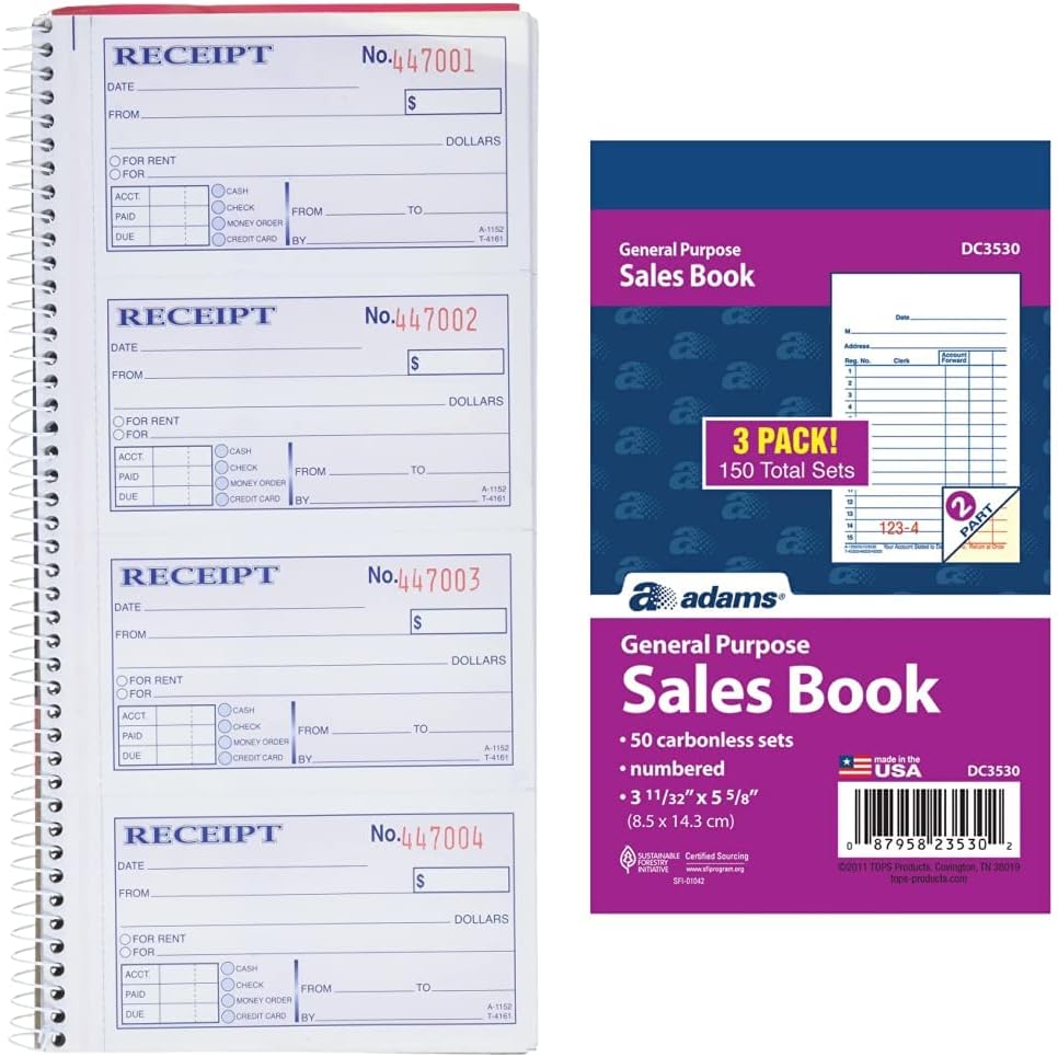 Adams Money and Rent Receipt Book, 2-Part Carbonless, 5-1/4" x 11", Spiral Bound, 200 Sets per Book, 4 Receipts per Page (SC1152) (Pack of 25)
