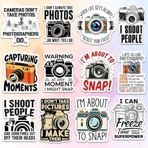 12pcs Photographer Sticker Pack Funny Camera Quote Gifts for Photographers Photography Students Hobbyists Friends for Laptop Water Bottle Tumbler Notebook Journal Scrapbook Phone Case Camera Bag 3in