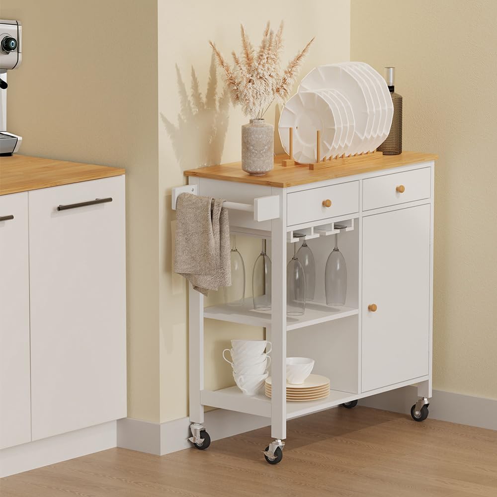 Vicco Küchenwagen Trayz, Weiß, 89 x 87 cm mit Rollen, mit Flaschenablage und Weinglashalter für Flexible Nutzung