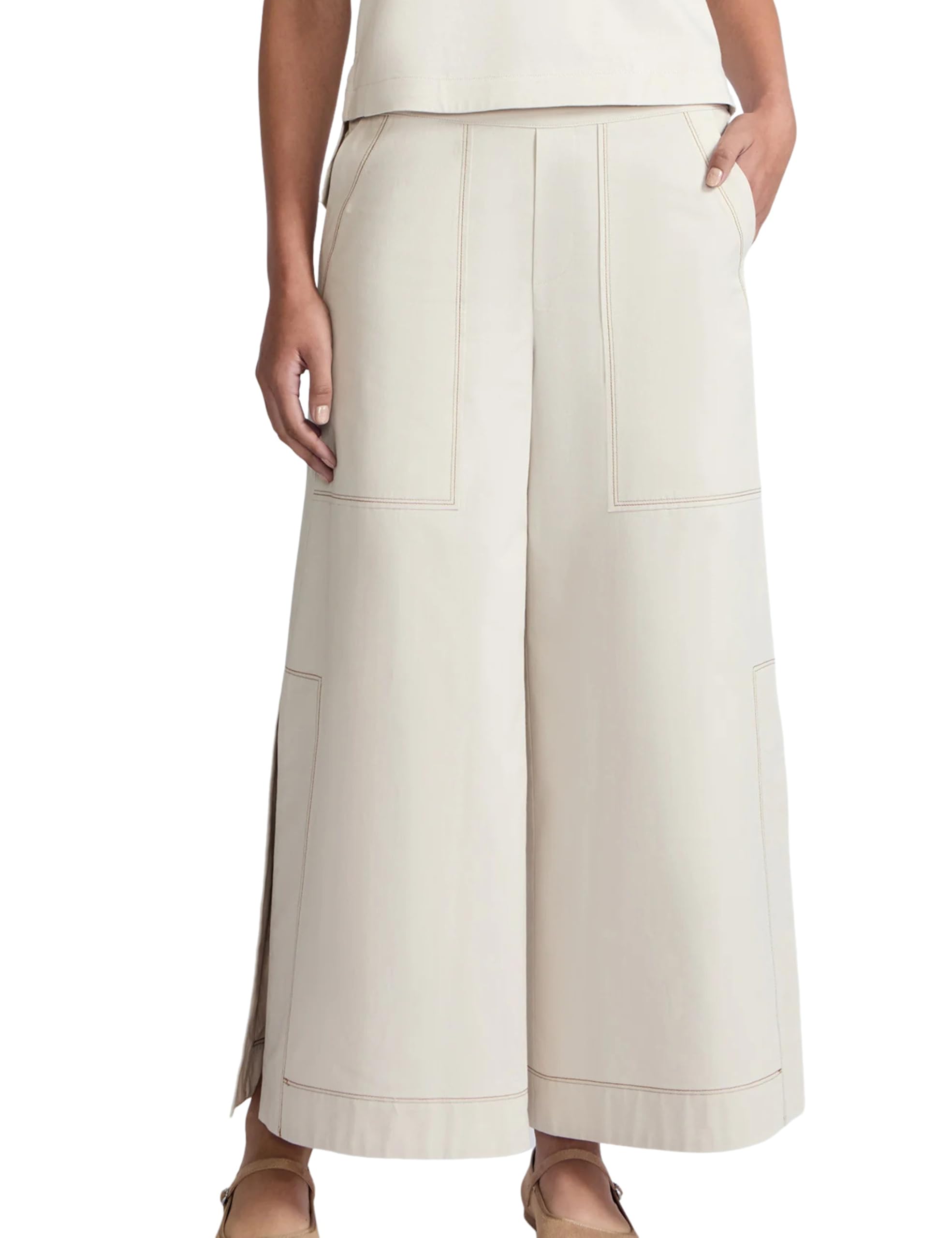 EsheSy Womens Baggy Wide Leg Pants Elastic High Waist Straight Side Slit Long Pants Trousers with Pockets