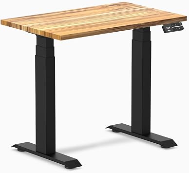 Desky Dual Mini Electric Standing Desk, 32 x 20 Inch Hardwood Height Adjustable Sit Stand Desk with Dual Motor and Memory Presets, Compact Ergonomic Workstation for Home Office Teak Finish