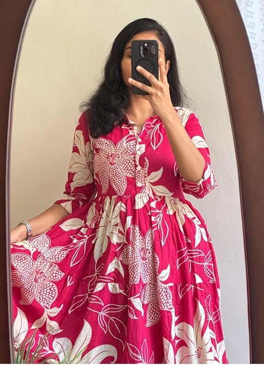 Image of ROYALICA Women's Pure Cotton Maxi Midi Dress Western Dress for Women Elegant Floral Printed Long Dresses | Soft & Breathable Fabric | Casual Trending Dress for Women