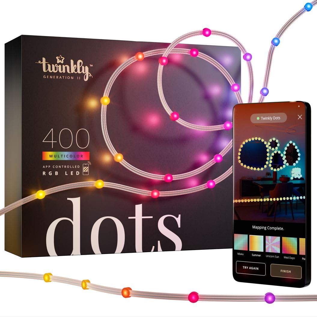 Twinkly Dots - App-gesteuerte flexible LED-Lichterkette mit 400 RGB-LEDs (16 Millionen Farben) 20 m Transparenter Draht Innen- und Außenbereich Smart Home Beleuchtung Dekoration, TWD400STP-T