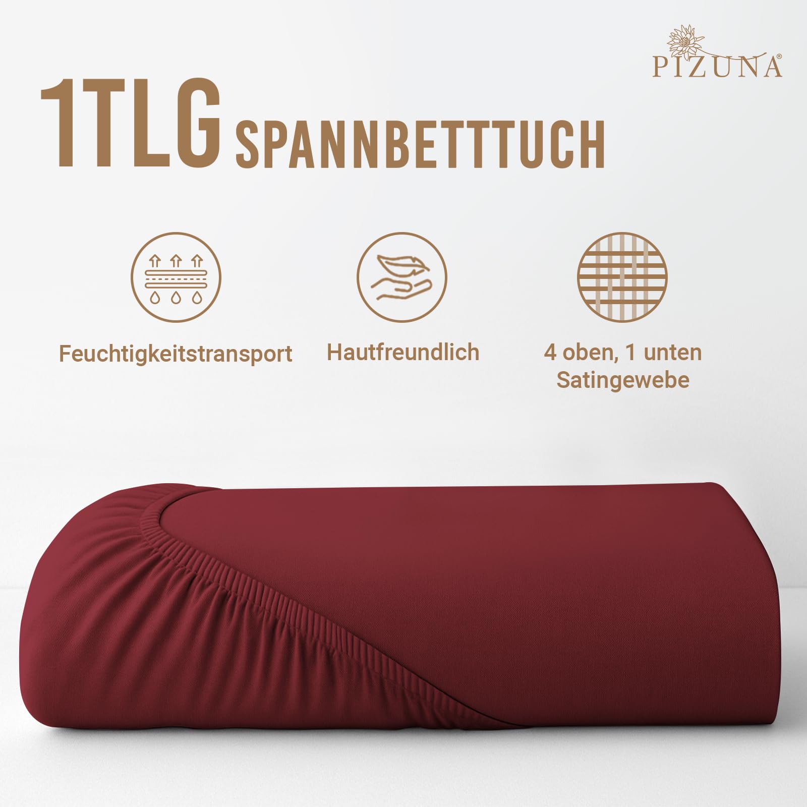 Pizuna 800 Fadenzahl Baumwolle spannbettlaken 170x200-180x200cm Rio-Rot, 100% Langstapelige Baumwolle Spannbetttuch, Weiche Mako Satin-Webart passt bis zu 40 cm Matratzenhöhe Mako Satin