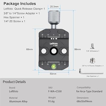 50mm Quick Release Clamp with Arca Swiss Style Plate for Tripod, Universal Ballhead, Quick Change Seat, Monopod Head, Tripod Quick Release Plate