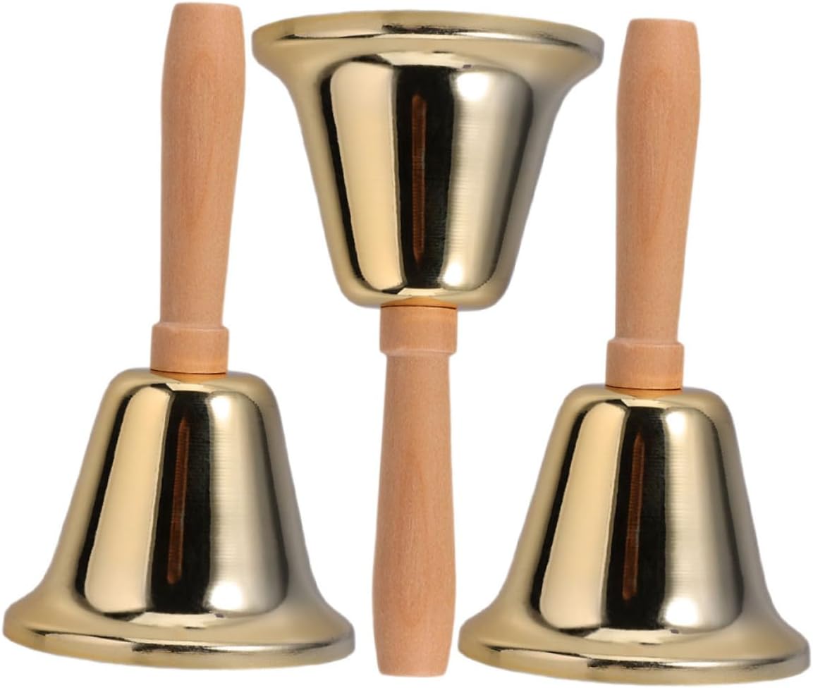 TEHAUX 3pcs Handheld Dinner Bell Loud Service Bell for Classroom and Home Use for Events and Attention Alerts Finish