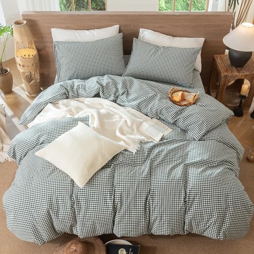 Image of MooMee Gingham Duvet Cover Set 100% Washed Cotton Linen Like Textured Breathable Durable Soft Comfy Modern Checkered Design (Mini Gingham Forest Green, Cal King 104 inchx98 inch)