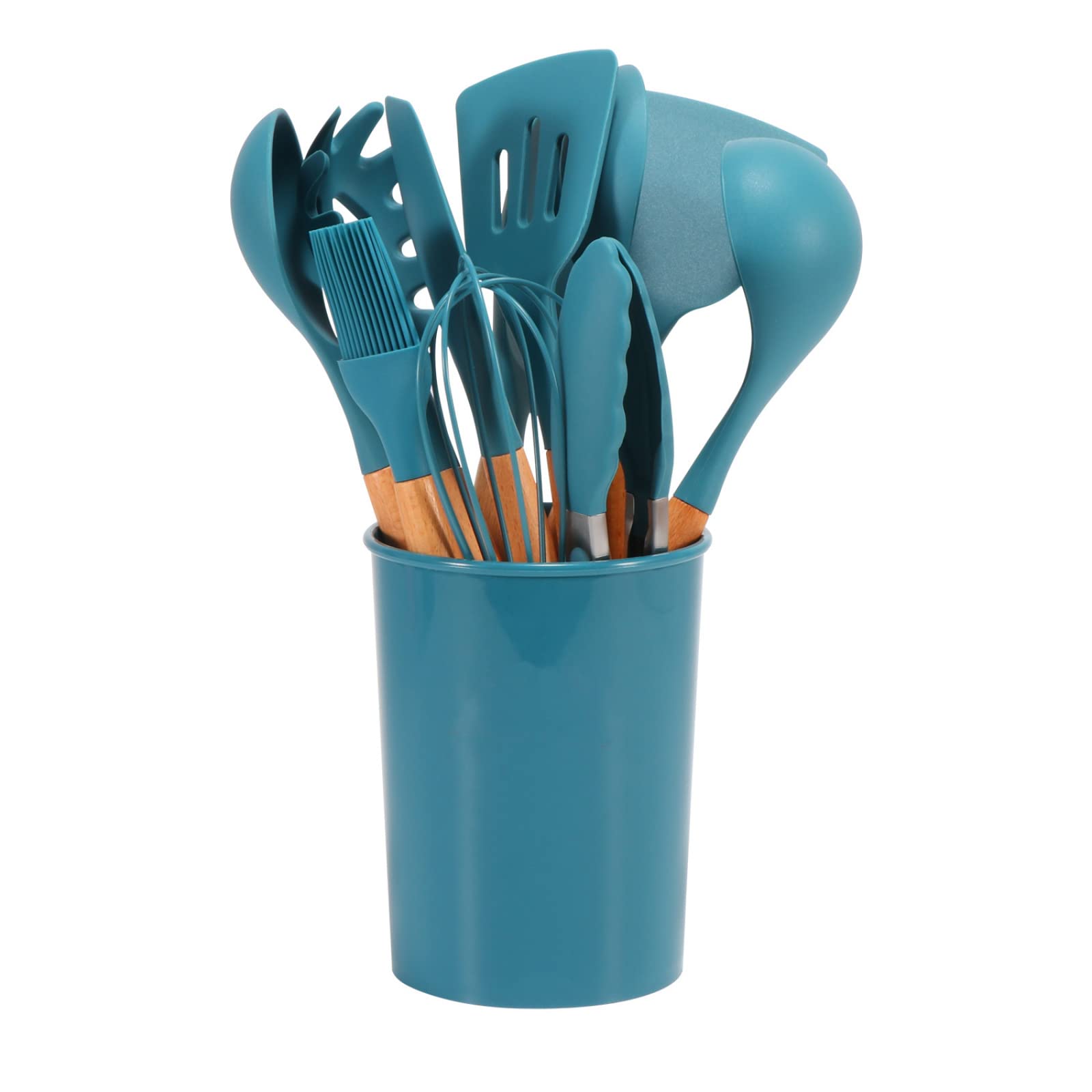Espátulas y cucharas de cocina, juego de cucharas Juego de utensilios de cocina Cuchara de sopa resistente al calor Espátula antiadherente de silicona azul Pala Juego de cocina con mango de madera