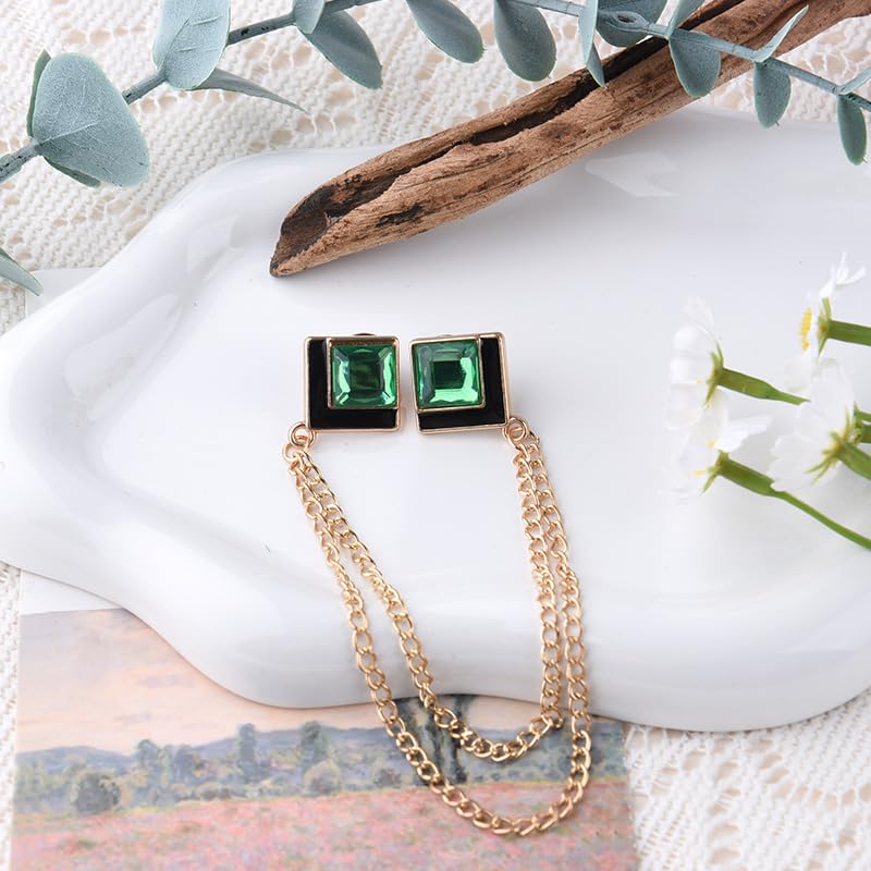 Image of Gem Brooch Pins Hanging Chain Lapel Pin for Men Suits Shirt Collar Brooch Square Crystal Brooch Pin Rhinestone Lapel Pins for Men Tassel Chain Brooch Collar Pins Business Suit Shirt Accessories
