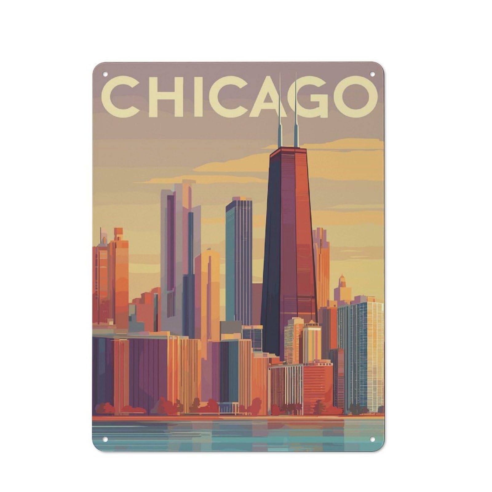 Junmoney Style-1 Chicago Skyline Illustration(2) Cafe Metal Sign 40X30cm, Vintage Restaurant Wall Art For Tea Room, Shop Wall Or Breakfast Area