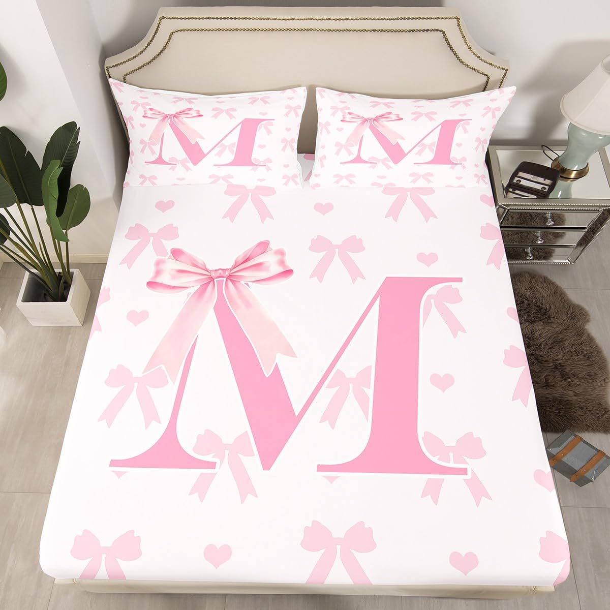 Pink Bow Fitted Sheet,Initial Letter M Chic Romantic Soft Decorative Fabric Bedding Princess Style Bowknot Love Hearts Girly Fairy Pocket Single Size with 1 Pillowcase