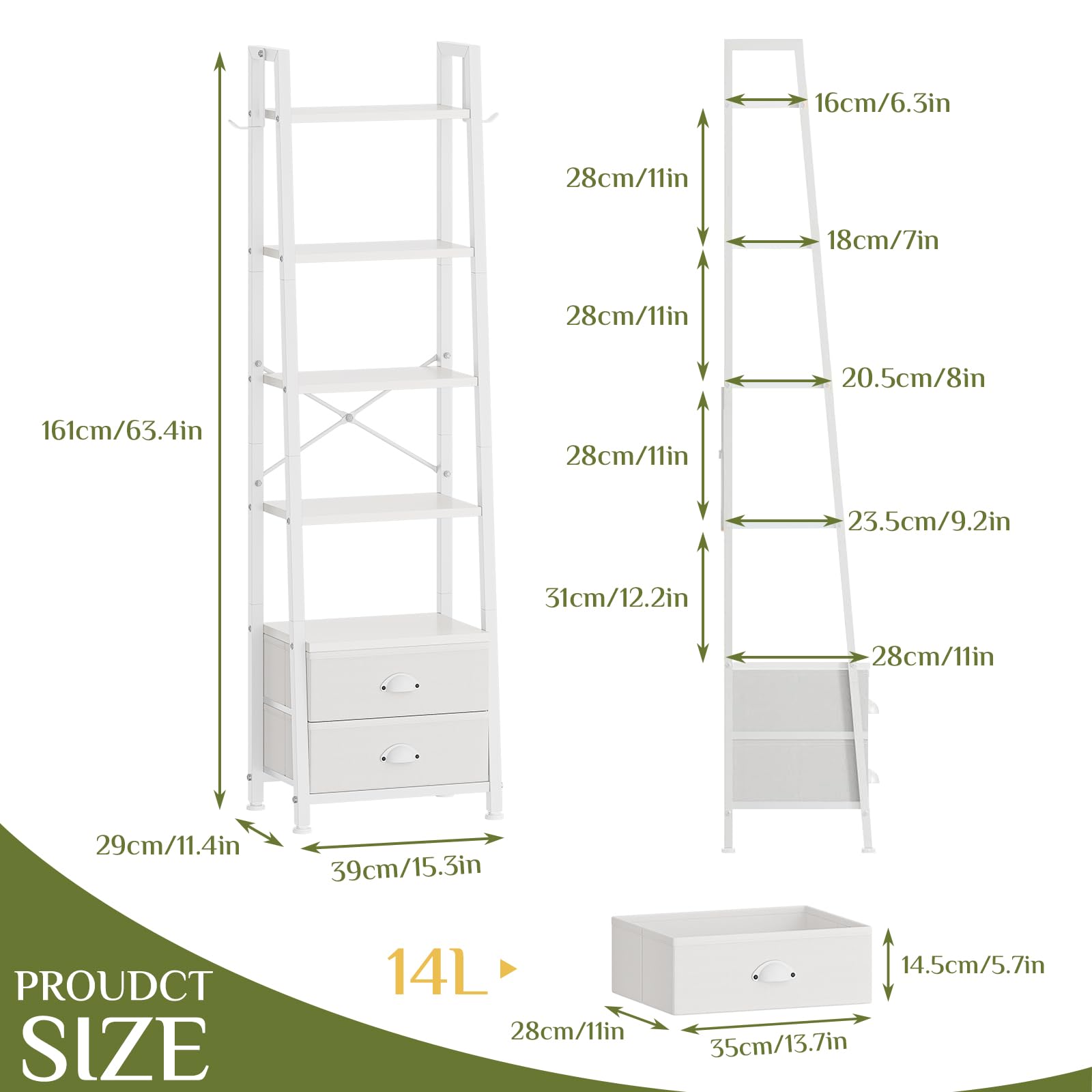 Estantería de 5 Niveles Tipo Escalera con 2 Cajones, Librería Estrecha Independiente para Almacenaje y Exhibición, Estilo Industrial, 39×29×161 cm (Blanco)