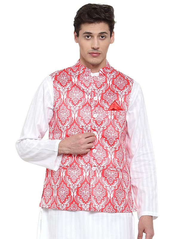 neudis Printed Satin Nehru Jacket/Waistcoat For Men - Red NUD20SATINWSPTDRD-picture-11