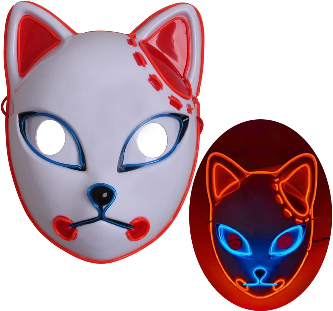 Demon Slayer Mask LED Halloween Mask LED Light Up Glowing Japanese Anime Demon Slayer Cosplay Fox Cat Mask for Halloween