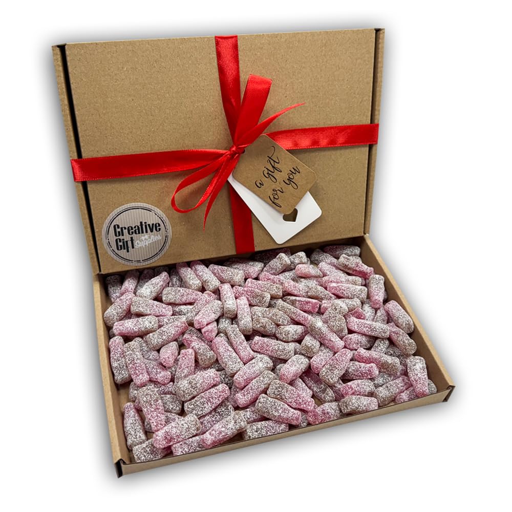 – Fizzy Cherry Cola Bottles Sweets Gift Box Hamper For Any Occasion (Kraft Box, Red Ribbon)
