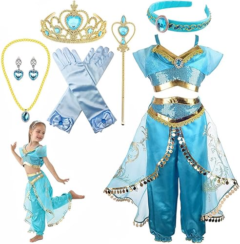 Disfraz de jazmín para niñas, disfraz de princesa árabe, jazmín, cosplay con diadema, accesorios para fiesta de Halloween, disfraz para niños (130