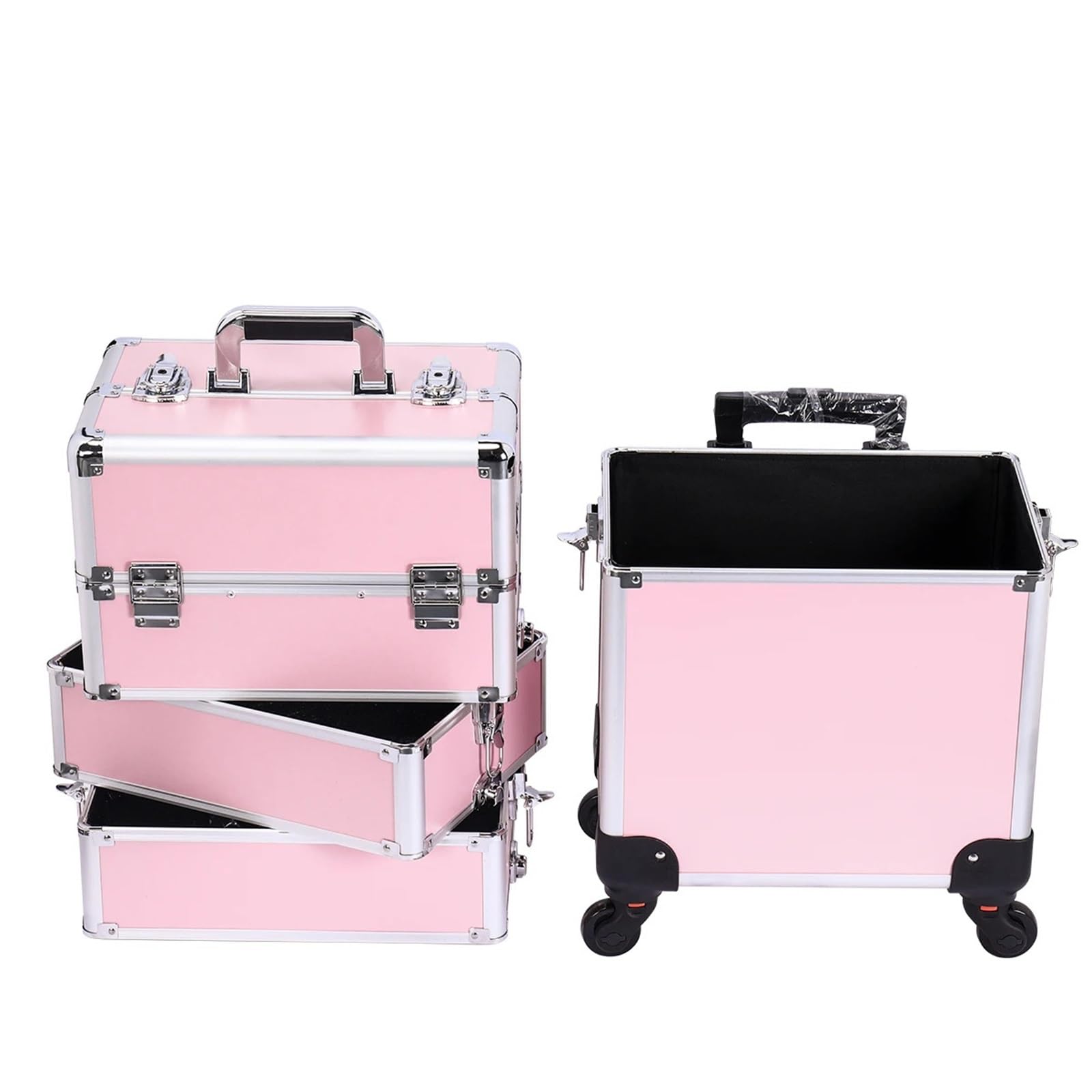 Kosmetikkoffer Multifunktionaler, 4-stöckiger Profi-Make-up-Koffer, faltbar, for Friseure und Kosmetikerinnen Maquilleuse Itinérante(Pink)