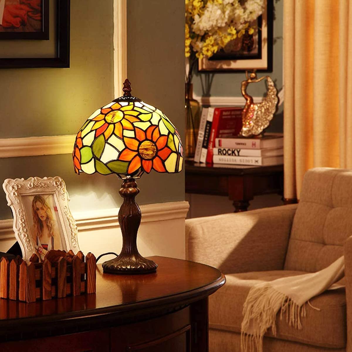 Lámpara de sobremesa de Estilo Europeo Tiffany con Flor de Sol y vitrales, Uso de Base de Resina, lámpara de Mesa Retro, Dormitorio de la Sala de Estar de la Novia Junto a la Cama