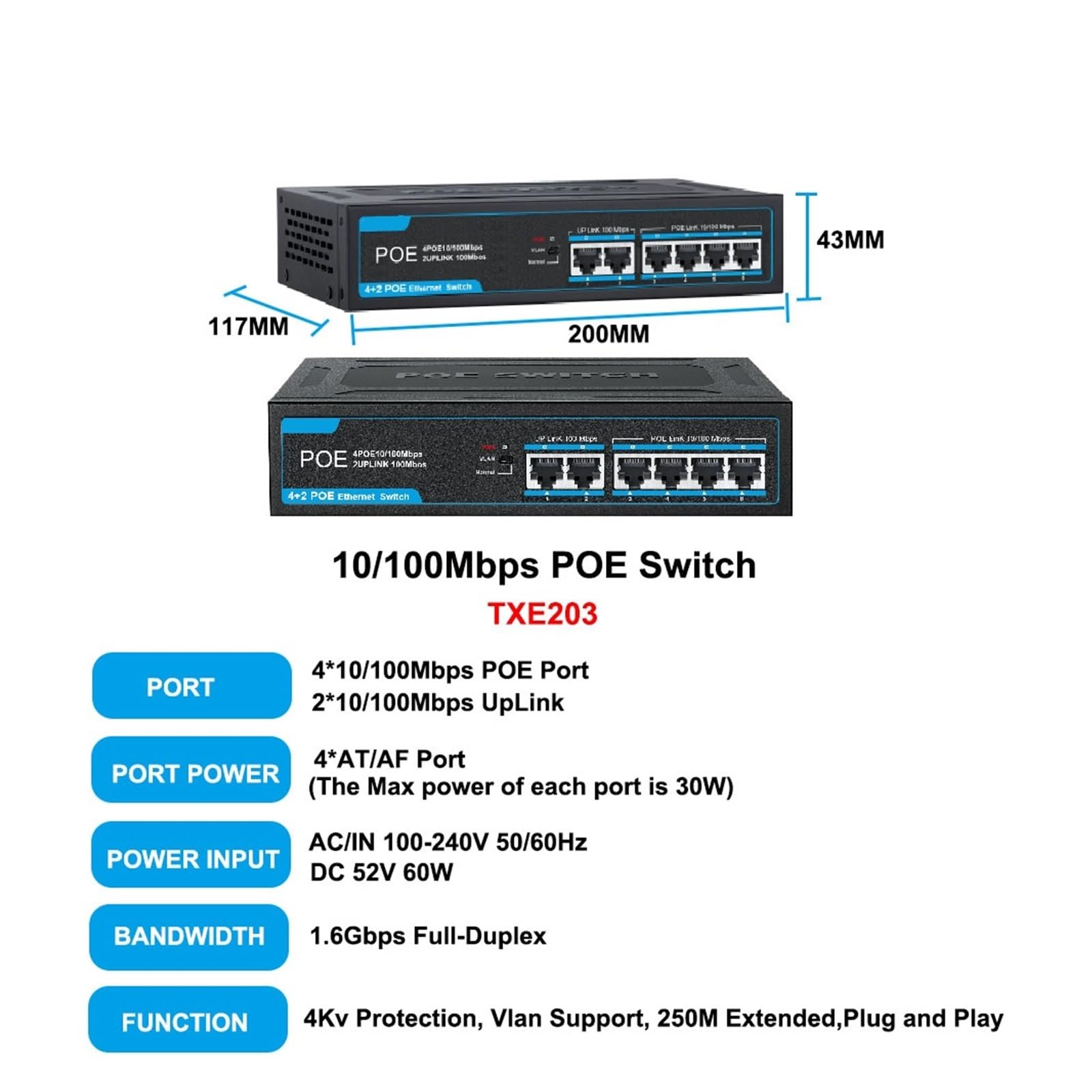 Przełącznik PO//E 8-portowy, 100-metrowy przełącznik BPS Ethernet, gigabitowy przełącznik PO//E (100 metrów 6 portów)