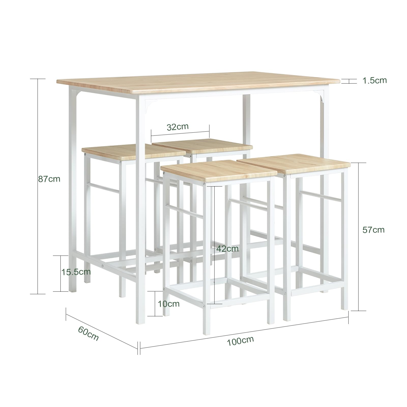 SoBuy Set de 1 Table + 4 Tabourets, Ensemble Table de Bar Bistrot + 4 Tabourets avec Repose-Pieds, Table Haute, Mange-Debout pour Salle à Manger, Cuisine, Salon, Balcon, Blanc+Naturel, OGT11-WN