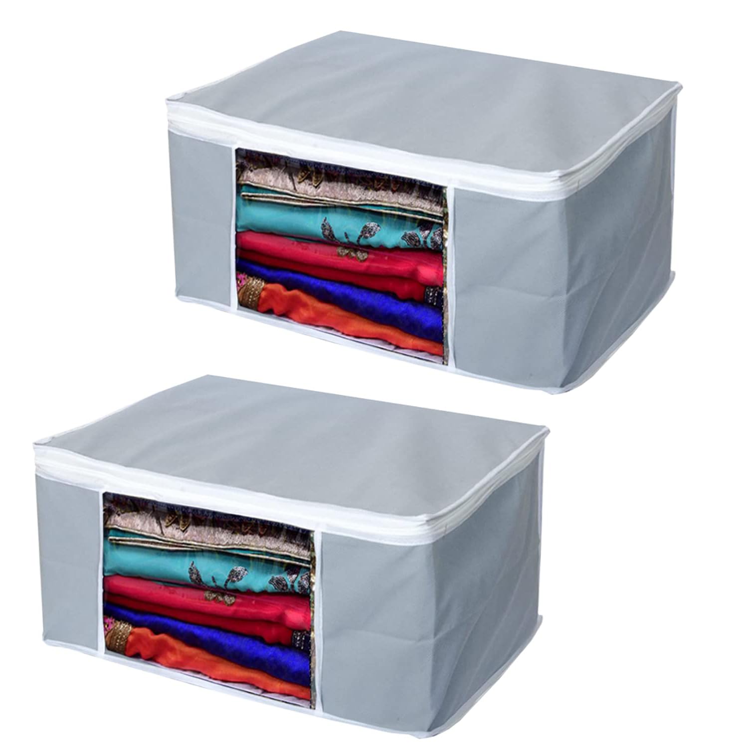 UJALA MULTIPACK Foldable Saree Covers/Clothes Storage Bag/Wardrobe Organizer With Transparent Window And Zip For Lehenga, Suit, Dress,& Accessories (Grey) Pack of 2