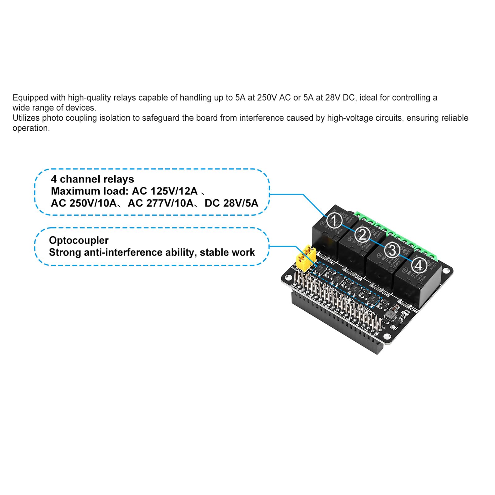 Cappellino relè a 4 canali per computer a scheda singola Raspberry Pi | Isolamento dell'accoppiatore ottico, doppia alimentazione 3.3V/5V, 4 canali indipendenti, codici demo Python/C