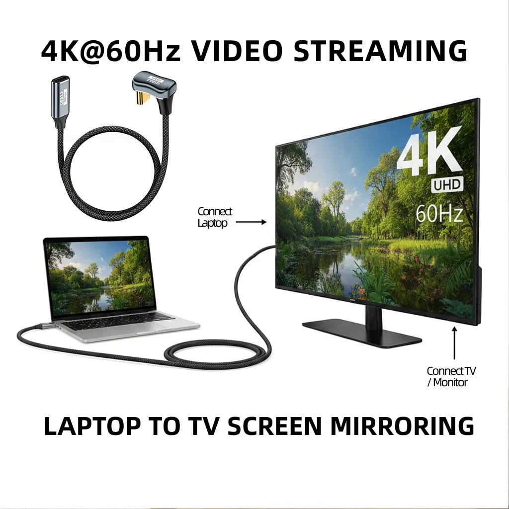 USB Type C 3.2 Male to Female U Angle Short Cable, 10Gbps USB C 3.2 U-Type Data Short Cable, Type C 3.2 Full Function 4K@60Hz,20V/5A(100W),OTG for Phone Tablet, 50cm/19.69in (M-F) image 4