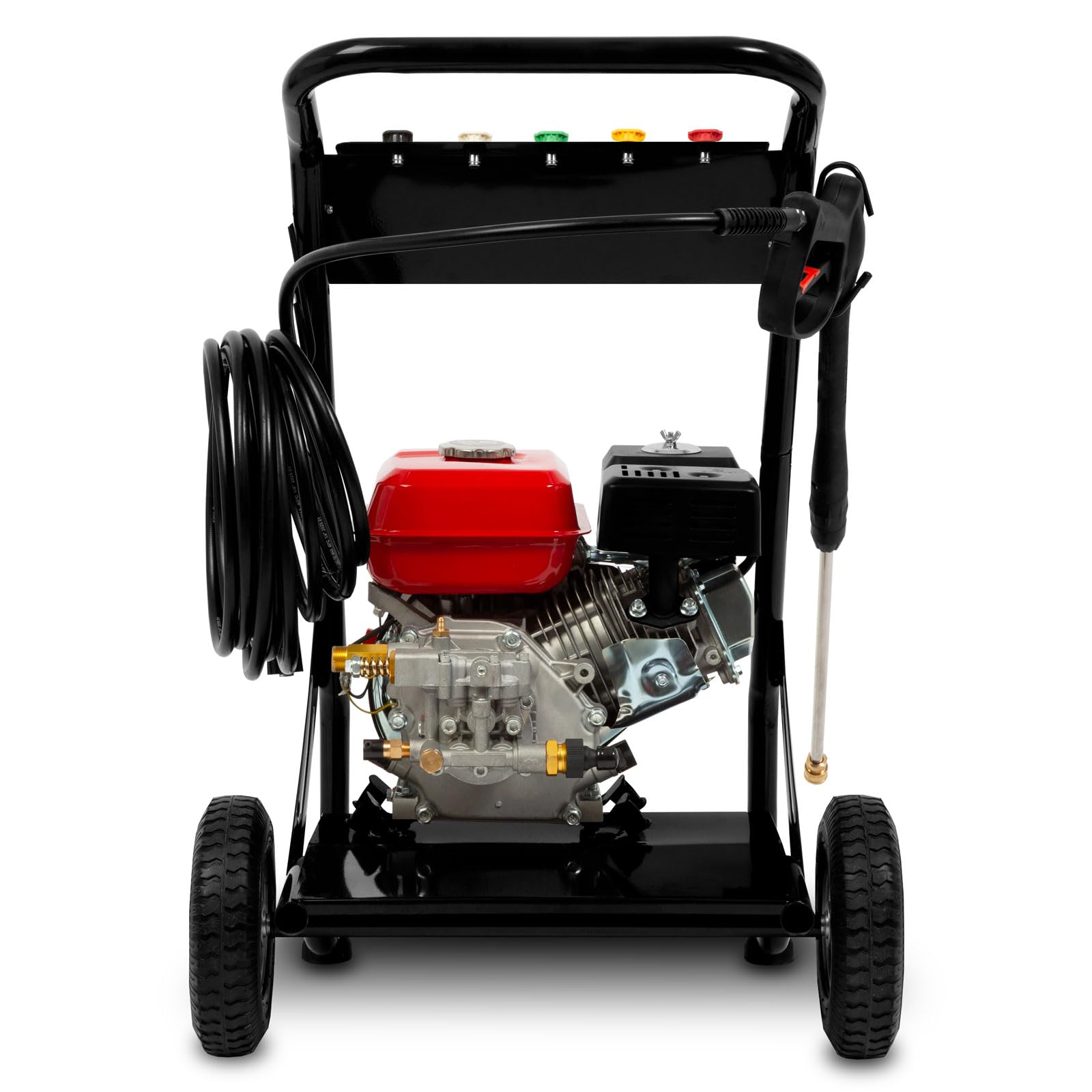 EBERTH 6,5 CV Hidrolimpiadora de Alta presión a Gasolina (210 Bar, 5 Boquillas, 8m Manguera, Pistola de Alta presión, Motor de 4 Tiempos y 196 CC, Arranque rectractil, Seguridad por Falta de Aceite)
