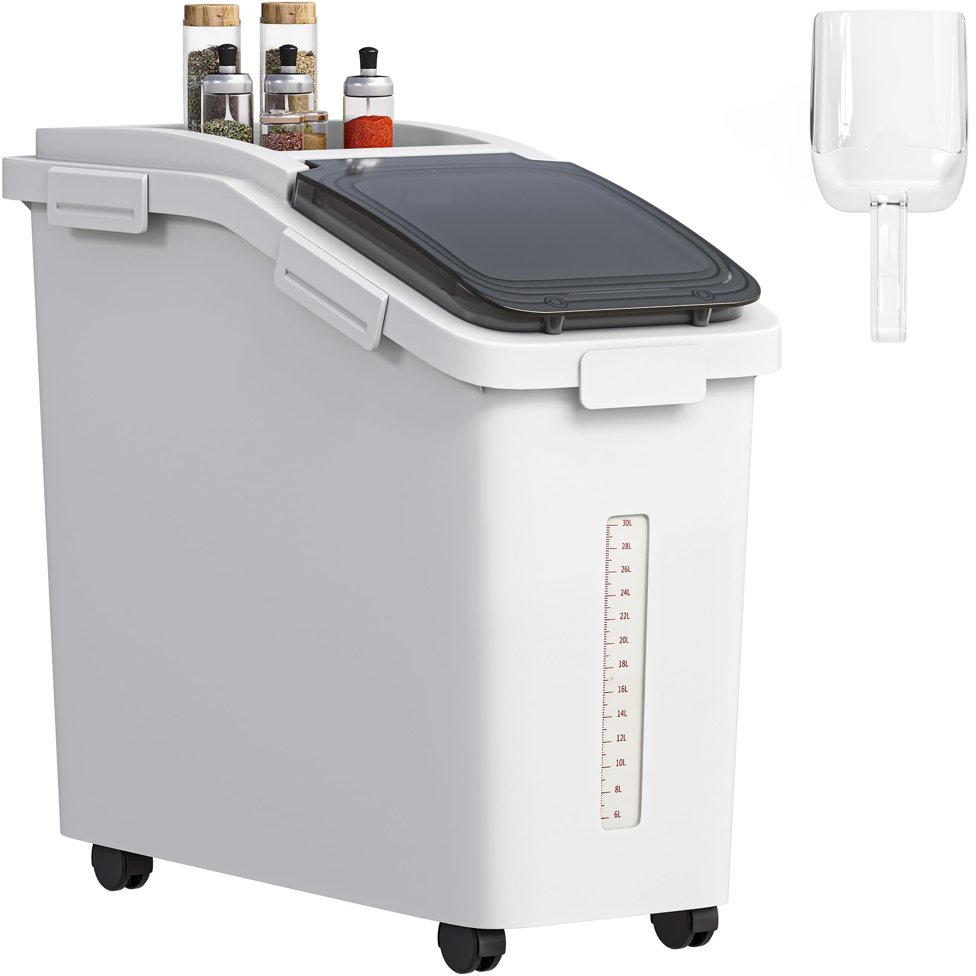 YITAHOME Ingredient Storage Bin, 11.4-Gallon Capacity Shelf Bin, 280 Cups Flour Bins with Wheels Commercial Shelf-storage Ingredient Bin with Scoop and Lid, Rice Bin for Kitchen, White