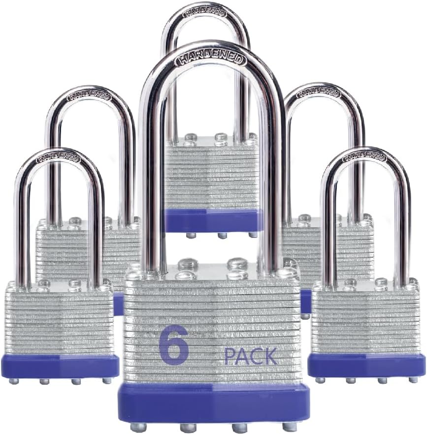 Lock Out of doors Padlocks, Key Lock, Padlocks with Identical Key – Laminated Metal Keyed Padlocks with Lengthy Shackle, 6 Pack, for Hasp Latch, Sheds, Fences, Storage Locker, College, Fitness center