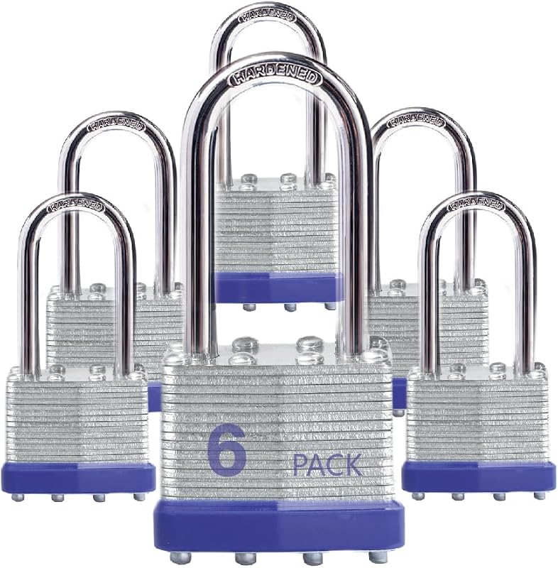 Laminated Steel Padlocks, Long Hardened Shackle, Keyed Alike,6 Pack