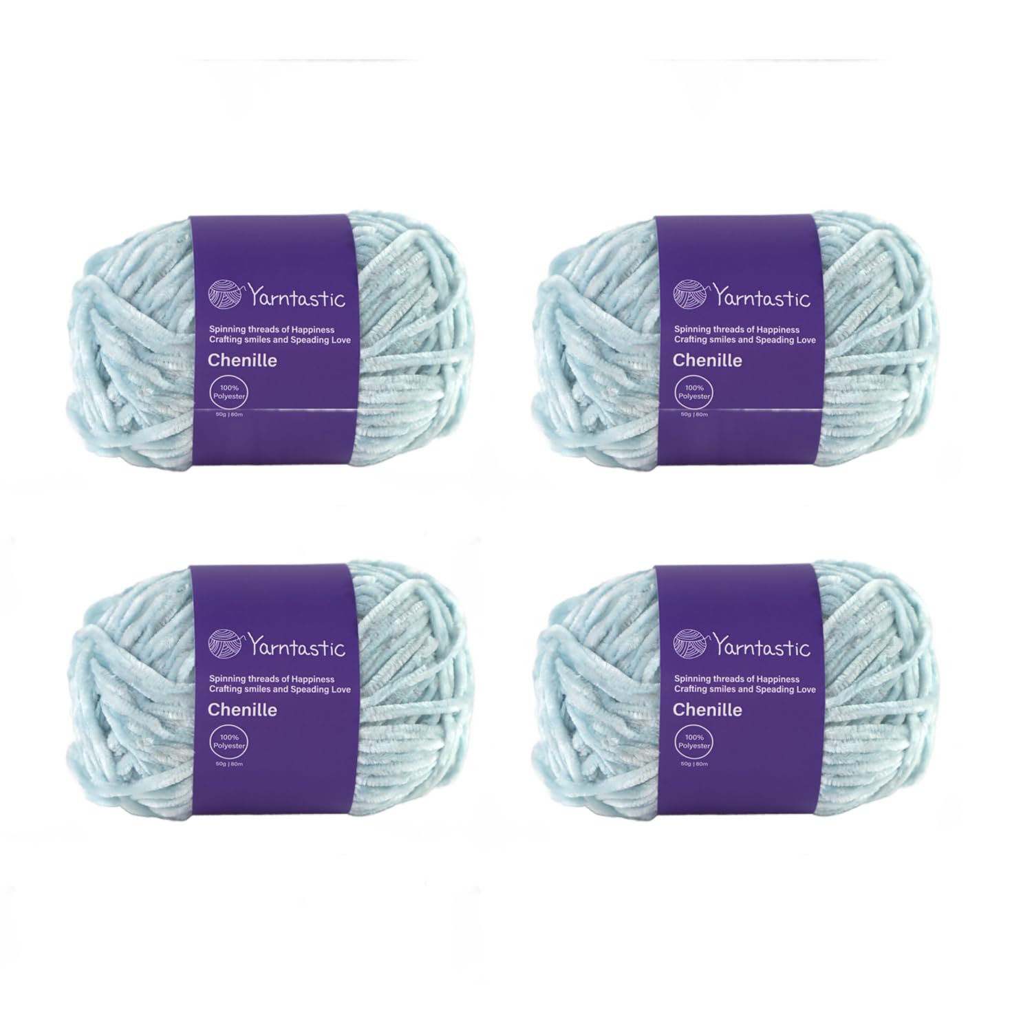 Yarntastic Chenille Velvet Knitting Yarn or Crochet Yarn, 50g/80m, Aran to Chunky Weight (8 Wraps per inch), 24 Colours and Multi-Colours Packs are Available (4, Ice Blue #12)