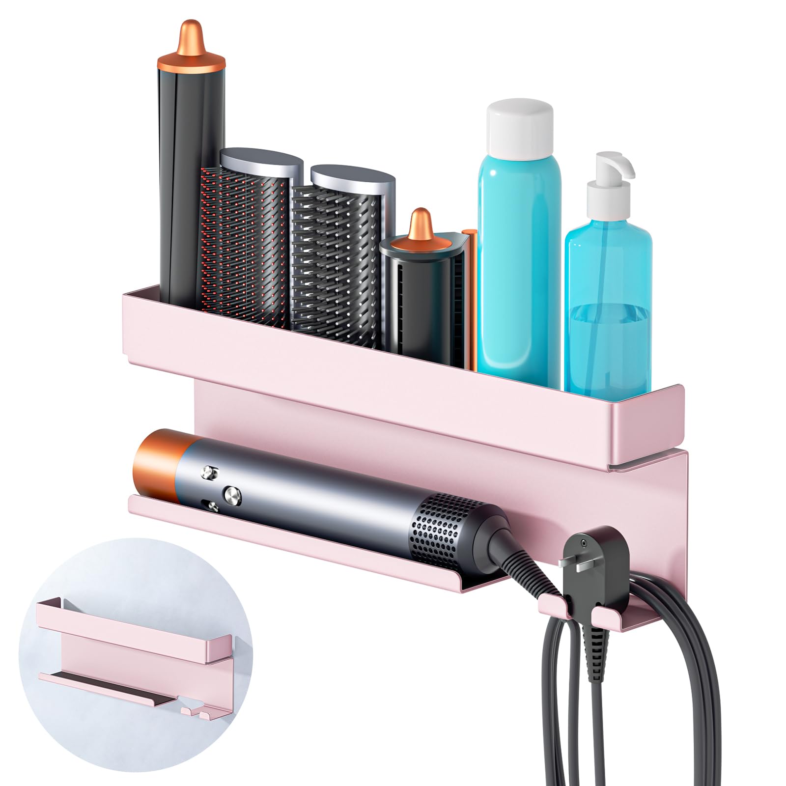 Storage Hair Dryer Holder for Curling Iron Accessories, Hair Tool Organizer Wall Mount, Curling Iron Holder, Bathroom Hair Straightener Holder Stand for Styler Attachments Organizer, Rose Gold