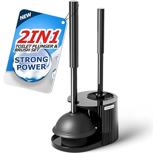 FORASTO 2 in 1 Toilet Plunger and Brush Set,Extended Handle Plunger,Toilet Bowl Brush Plunger Set, Bathroom Cleaning Tools ,Toilet Brush Plunger Combo,Cleaning Brush,Bathroom Cleaning Supplies - Black - 1Pack
