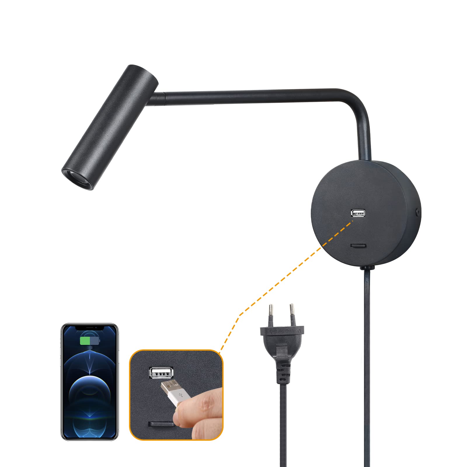 JOYINLED LED Reading Lamp, Wall Light, Wall Reading Lamp with 2.1 A USB Charging Connector, 3 W, 3000 K, Warm White, Bed Lamp, Wall Mounted for Bed, Book, Bedroom (Black)